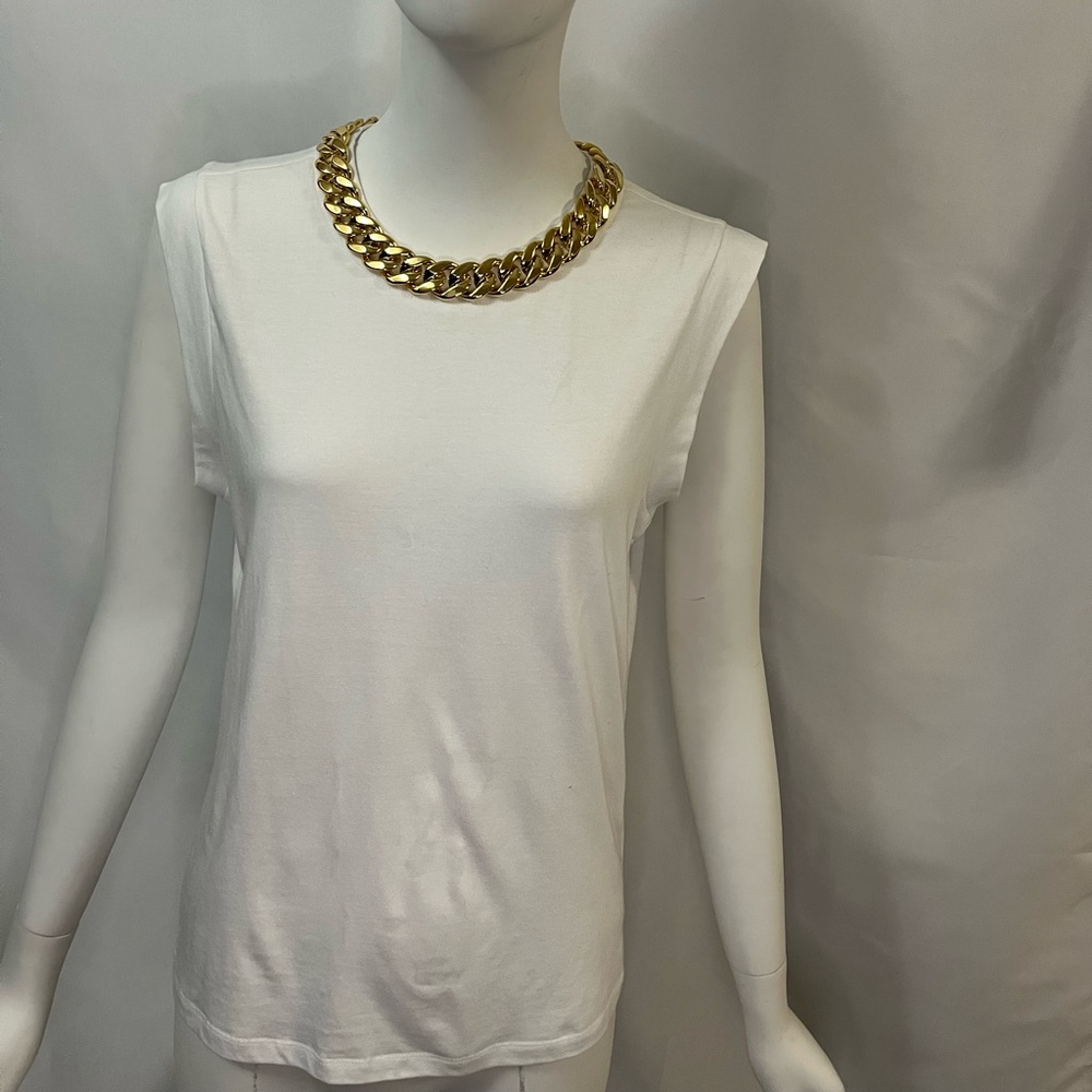 Boston Proper White Sleeveless Top with Luxury Gold Chain Detail